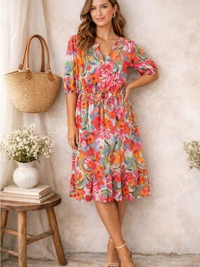 Leslie Fay Floral Dress Size 12 NWOT Colorful Boho Midi Lined Lightweight